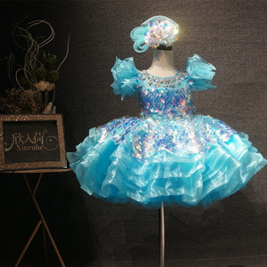 厂家儿童礼服蓝色短款公主裙女童时尚花童走秀主持表演演出服新款