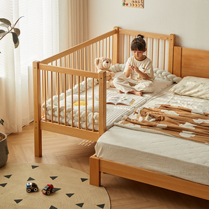 金多喜全实木儿童床拼接床加高护栏婴儿床加宽小床榉木床拼接大床