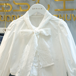 女童白衬衫2024春装新款法式洋气花边衬衣系带领百搭儿童棉质衬衣