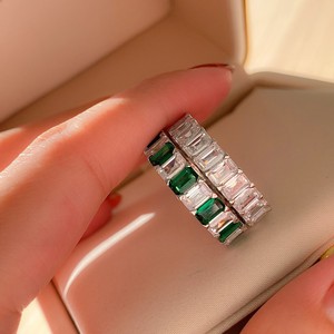 轻奢纯银祖母绿戒指气质女排钻仿真钻石宝石指环欧美时尚高碳钻