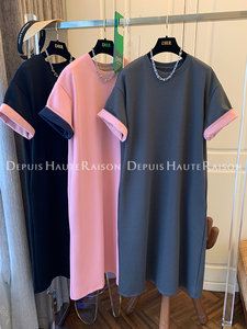 DHR 高端精致撞色法式短袖T恤连衣裙子宽松长裙大码2024夏装新款