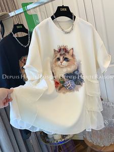 DHR 高级感水钻串珠猫咪蛋糕荷叶边短袖T恤宽松韩版上衣夏季新款