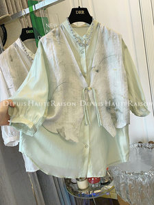 DHR 新中式水墨印花马甲背心天丝短袖衬衫假两件宽松chic上衣女装