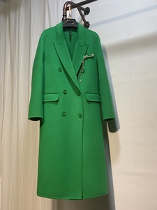 高级感孔雀绿羊绒大衣女秋冬西装领气质双排扣%100羊毛加厚长外套