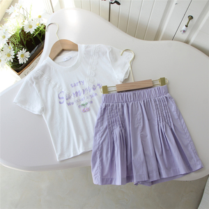 女童小仙女甜美字母印花花边短袖T恤+紫色短裤两件套套装110-160