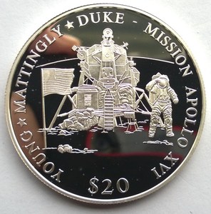 利比里亚2000年纪念美国阿波罗16号登月飞船20元精制银币