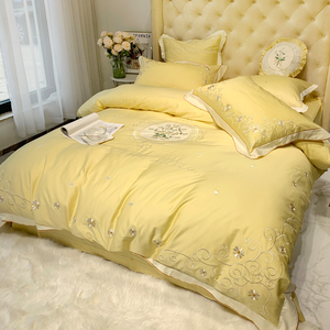 100长绒棉全棉网红床上四件套少女心公主风纯棉黄色床单被套结婚
