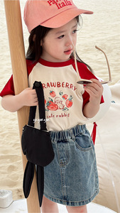 yiyaya夏天季款女小童装薄款纯棉卡通水果小番茄拼色t恤衫上衣