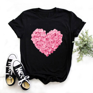 Pink Rose  Heart Black T Shirt 粉色玫瑰爱心印花莫代尔黑色T恤