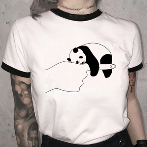 Cute Panda Ringer T shirt个性欧美风黑白熊猫印花撞边短袖T恤女