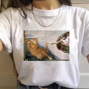 文艺复兴系列T恤原创个性夏季短袖衫可爱猫咪复古印花百塔T恤