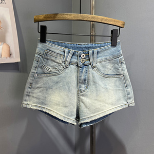 浅色高腰牛仔短裤女性感露腰2024年新款夏天时尚修身显瘦A字热裤