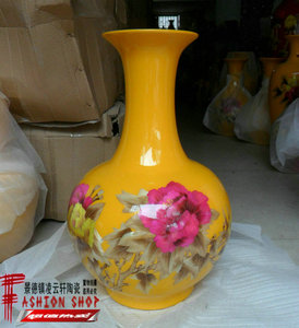 景德镇全手工麦杆陶瓷黄釉赏瓶牡丹花开富贵花瓶家居客厅摆设