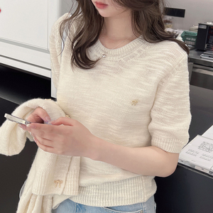 JUJU韩国代购 24春季简约气质圆领短袖羊毛毛衣