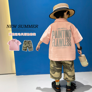 男童短袖套装2024夏季新款儿童洋气POIO衫男孩潮酷迷彩工装短裤