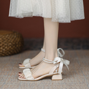 法式网纱凉鞋女夏季2024年新款绑带粗跟高跟仙女风一字带中跟罗马