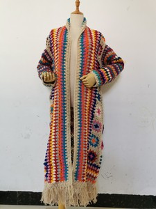 尼泊尔长款旅拍西藏新疆祖母格长袖开衫外套纯羊毛手工钩织毛衣
