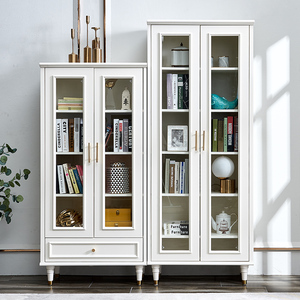 美式书柜实木收纳柜带玻璃门防尘展示柜家用客厅书橱书架落地白色