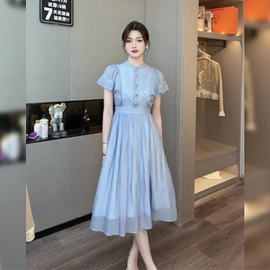 大码新中式国风复古重工刺绣显瘦蓝色减龄连衣裙夏季褶皱大摆裙女