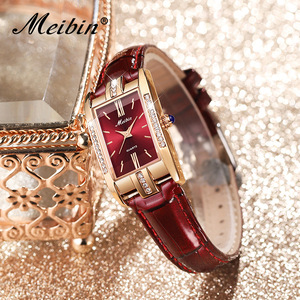 方形复古红色皮带手表简约气质轻奢简约大气镶钻女士腕表钢带防水