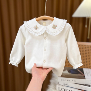 女宝宝娃娃领白色长袖衬衫春秋装新款女童洋气衬衣小童韩版打底衫