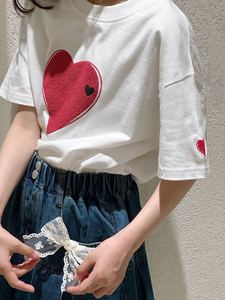 波拉bora韩国童装女童短袖T恤2024夏季新款韩版儿童爱心洋气上衣