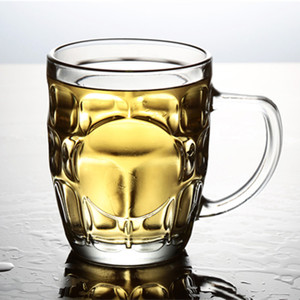青苹果大号啤酒杯玻璃泡茶小杯子家用加厚带把菠萝扎啤杯4个套装