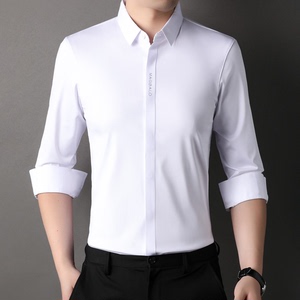 儒雅先生男装长袖白衬衫春薄款双门襟高弹无痕免熨烫休闲修身衬衣