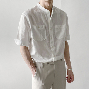 ZPZ夏季韩版修身立领半袖5五分短袖衬衫男生潮流百搭棉麻中袖衬衣