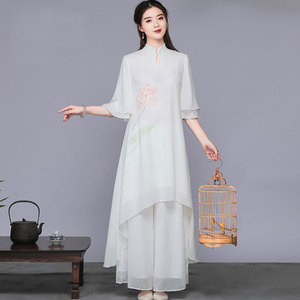 夏装新款中国风改良汉服旗袍中式禅意茶服仙气雪纺连衣裙女两件套