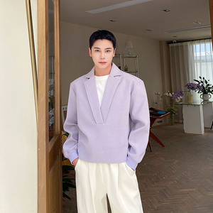 韩系小众设计感V领套头宽松短款西装外套男士毛呢夹克香芋紫西服