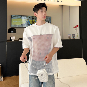 韩国原创设计师款PU皮拼接网纱透明短袖男女性感透视网眼T恤上衣