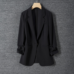 黑色醋酸西装外套女2024新款春夏季薄款高级感气质显瘦七分袖西服