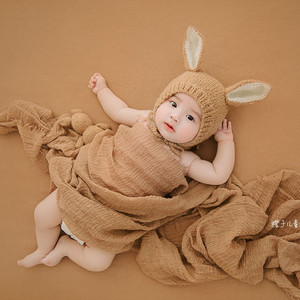 妮妮家原创手工编织婴儿兔宝宝毛线帽子满月百天拍照摄影服装道具