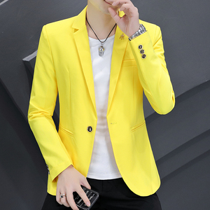 黄色小西装男士韩版修身非主流上衣青年短款个性西服时尚潮流外套