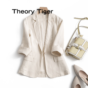 Theory Tiger2024夏季新款修身薄款亚麻小西装外套七分袖西服女