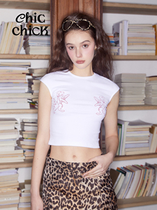 ChicChick时髦小鸡vol19黄金猎犬复古纹章刺绣白色小飞袖短款T恤