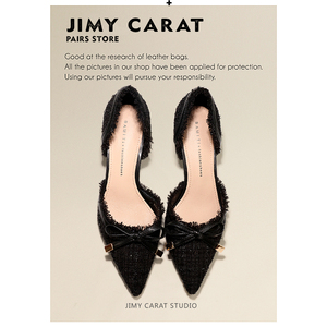 JIMY CARAT小香风粗花中空蝴蝶结中低跟单鞋黑色法式尖头细跟鞋女