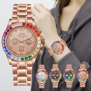 速卖通新款时尚镶钻钢带女士手表商务大气彩色水钻腕表复古装饰表