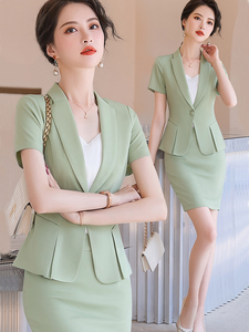 果绿色小西装外套女正装短袖夏季珠宝店工作服气质职业装西服套装