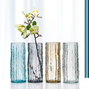 高级感玻璃花瓶冰川纹鲜花水培花瓶创意直筒插花器大口径装饰花瓶