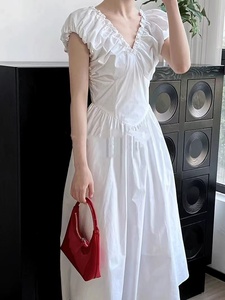 首富制“透气有机棉”两色茶歇设计感泡泡袖法式连衣裙抽褶仙女裙