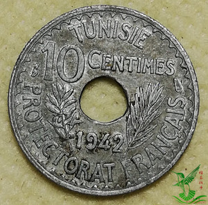 法属突尼斯1942年10分锌币 21mm 外国硬币钱币外币收藏810