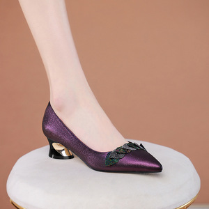 喜婆婆高跟婚礼鞋妈妈粗跟高端女鞋专柜正品真皮品牌紫色羊皮鞋子