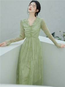 夏天法式别致超好看绝美绿色淑女连衣裙高级感裙子仙女超仙森系