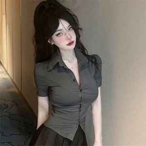 夏季韩版V领收腰紧身灰色短袖衬衫女纯欲制服气质工作服衬衣上衣