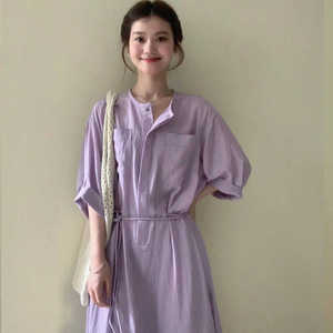 女夏季新款紫色高级感连衣裙慵懒度假风收腰显瘦休闲宽松衬衫长裙