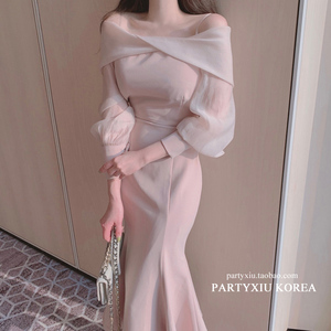 party秀 韩国新款很仙女感大领口纯色唯美长款连衣裙