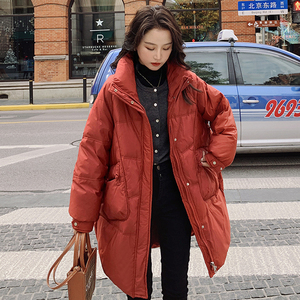 爆款桔红色羽绒服女中长款2023冬季新款韩版立领白鸭绒保暖外套