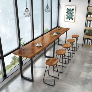 美式铁艺实木靠墙靠窗吧台桌奶茶店高吧桌阳台黑胡桃木色高脚桌